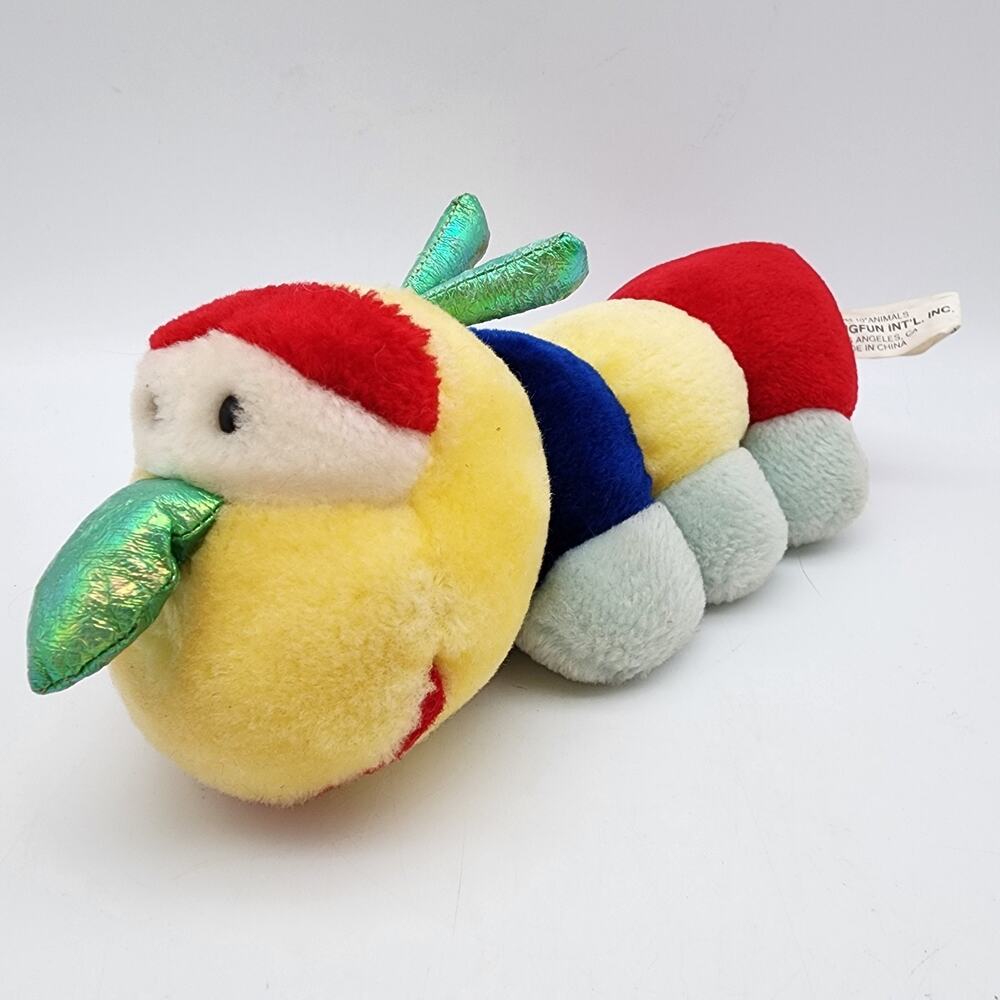 Vintage HugFun Caterpillar Worm Rattle Plush Stuffed Animal 10" Red Yellow Blue